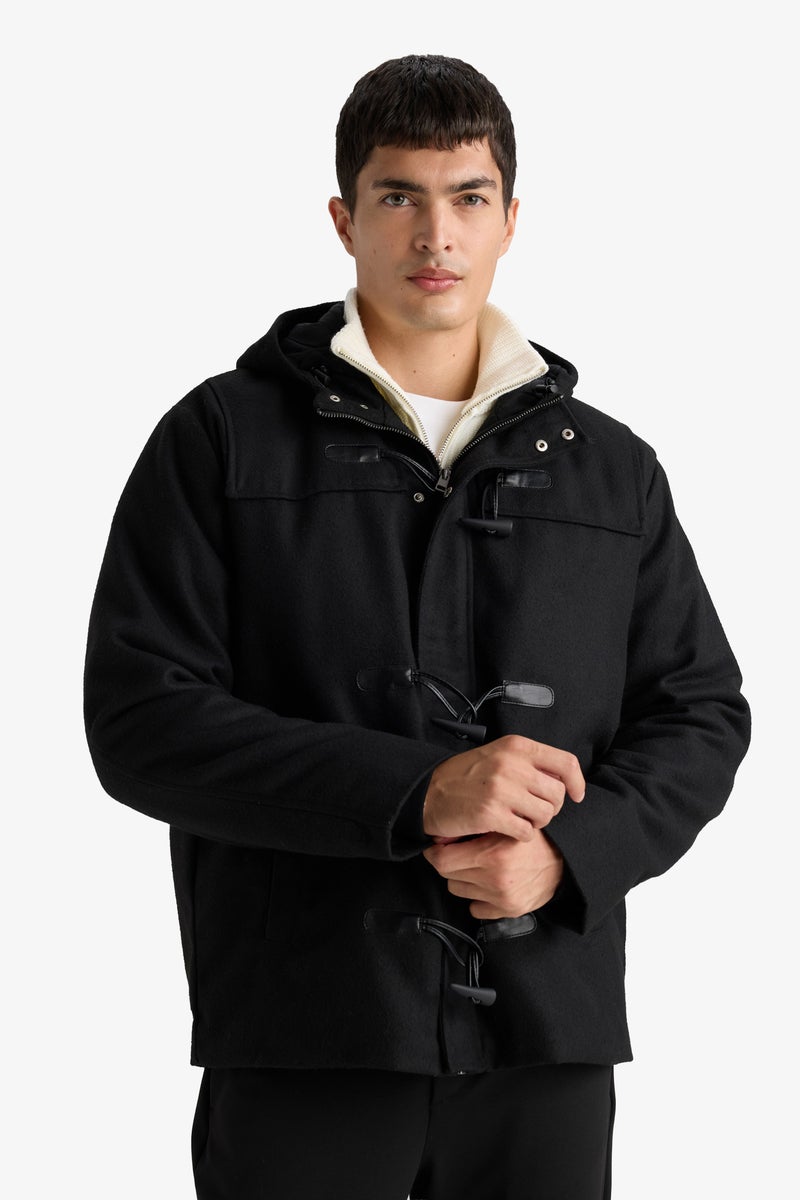DeFacto Black Man Regular Fit Hooded Button Closure Inner Pockets Cachet Coat Casual - Image 4